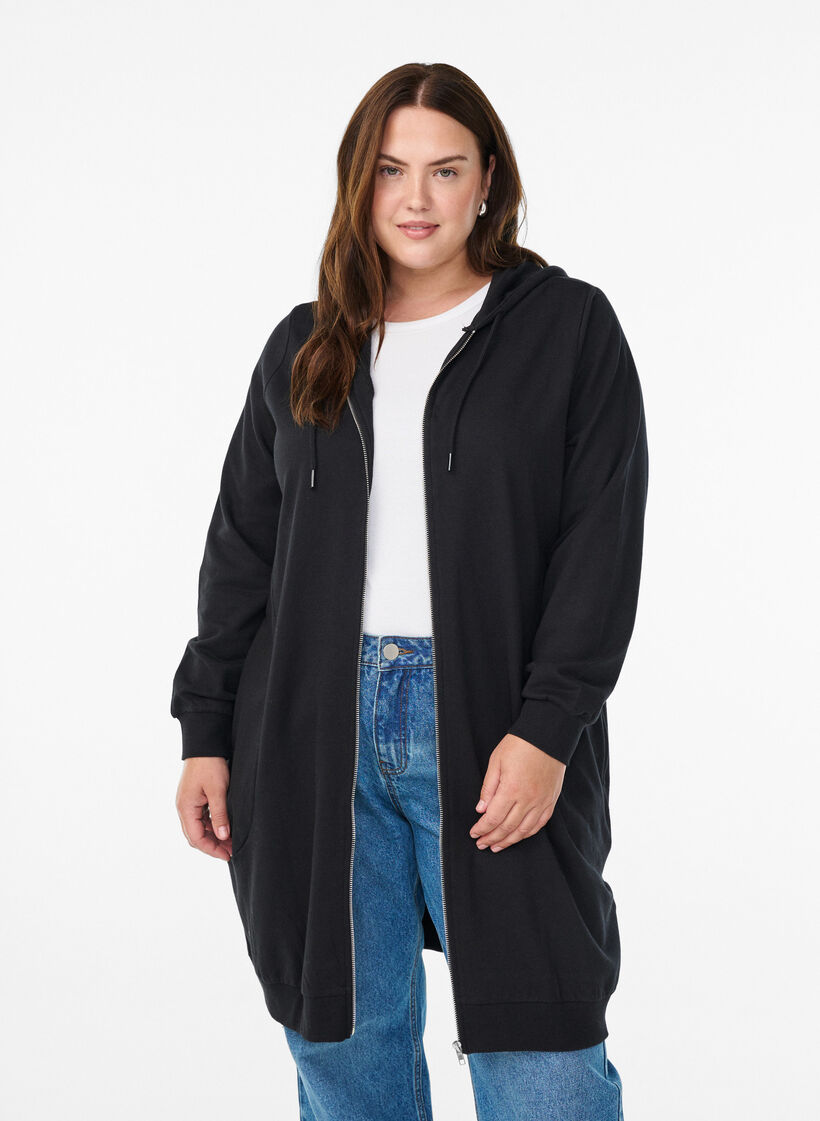 Lange Sweatjacke aus Baumwolle mit Kapuze, Schwarz, Model image number 0