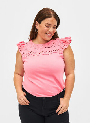 T-Shirt aus Bio-Baumwolle mit Lochstickerei, Strawberry Pink , Model image number 0