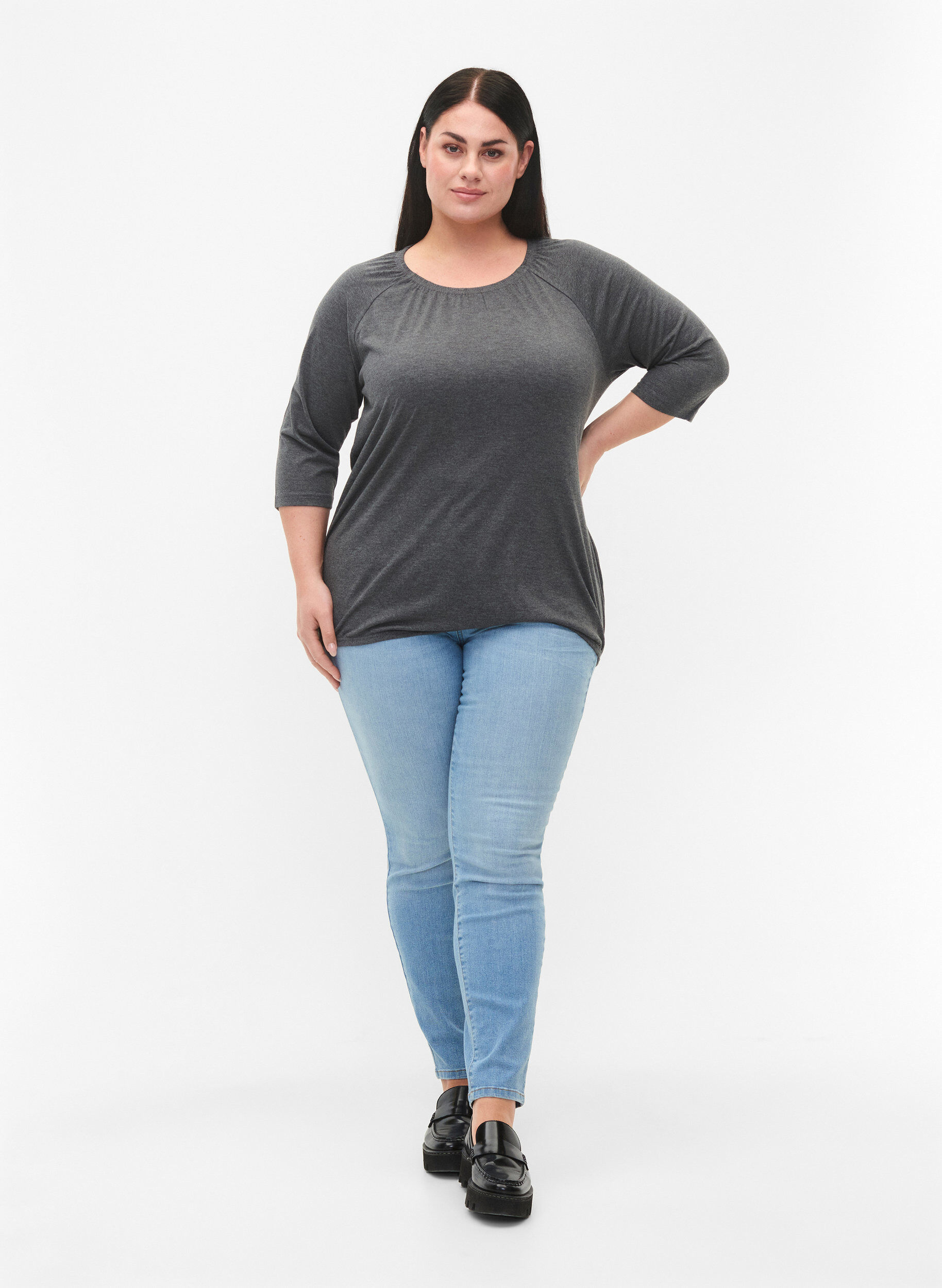 Zizzi Gestreifte Bluse mit 3/4 &Auml;rmeln, Dark Grey Melange, Model image number 2