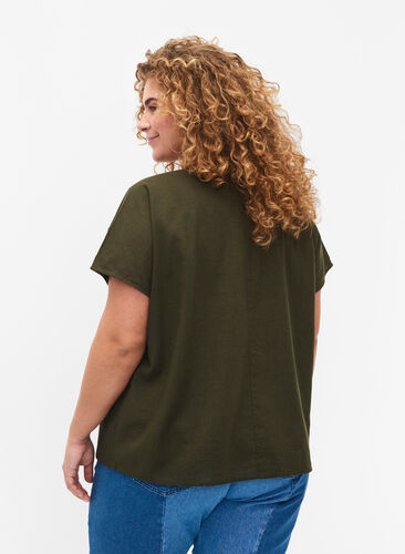 Kurzärmelige Bluse aus Baumwollmischung mit Leinen, Forest Night, Model image number 1