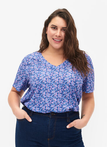 FLASH - Bedrucktes T-Shirt mit V-Ausschnitt, Blue Rose Ditsy, Model image number 0