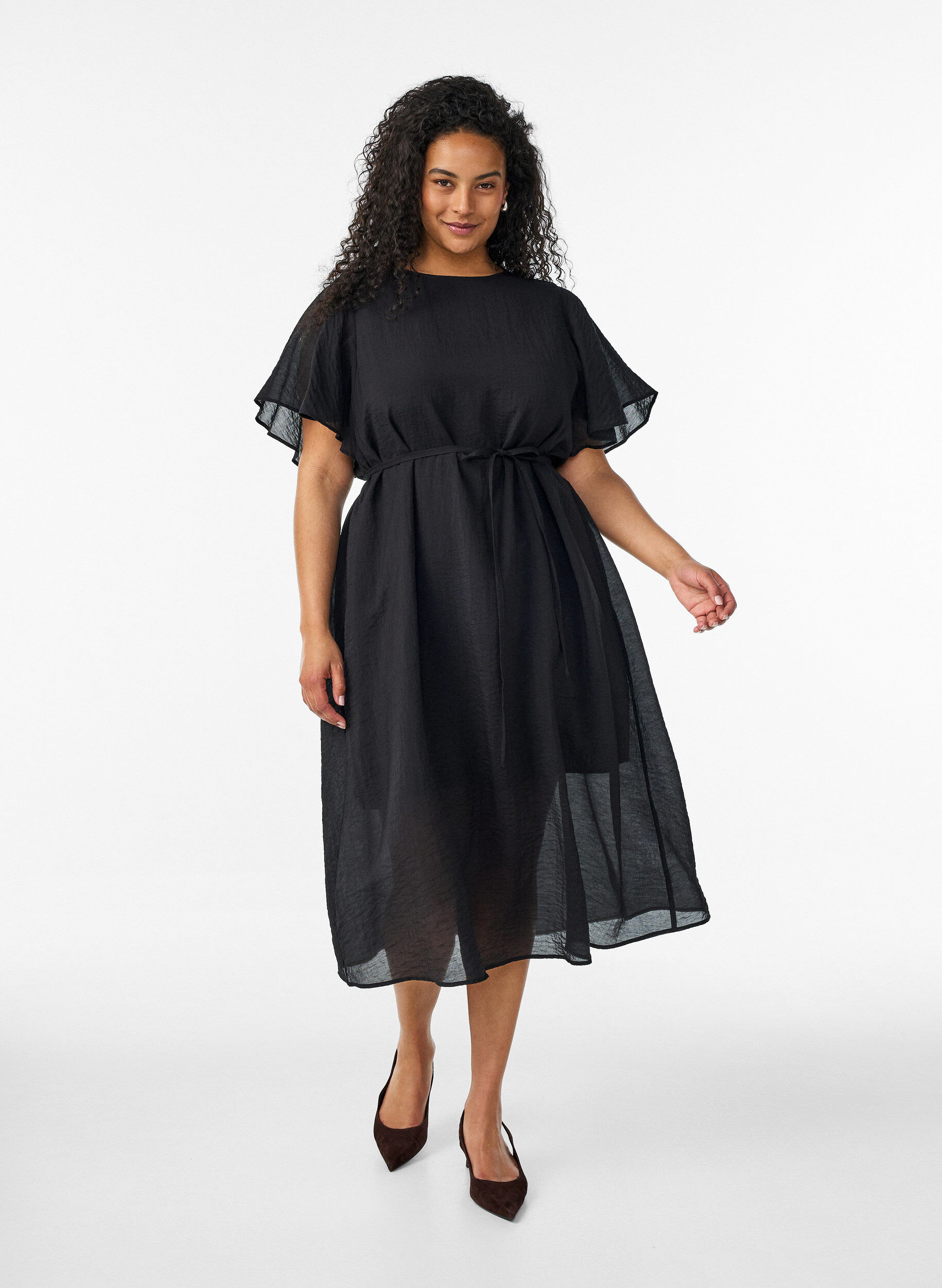 ZizziKn&ouml;chellanges Kleid mit Fl&uuml;gel&auml;rmeln und Bindeg&uuml;rtel, Schwarz, Model image number 0