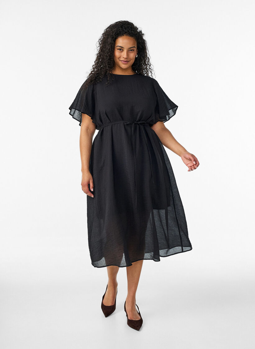 Kn&ouml;chellanges Kleid mit Fl&uuml;gel&auml;rmeln und Bindeg&uuml;rtel, Schwarz, Model image number 0