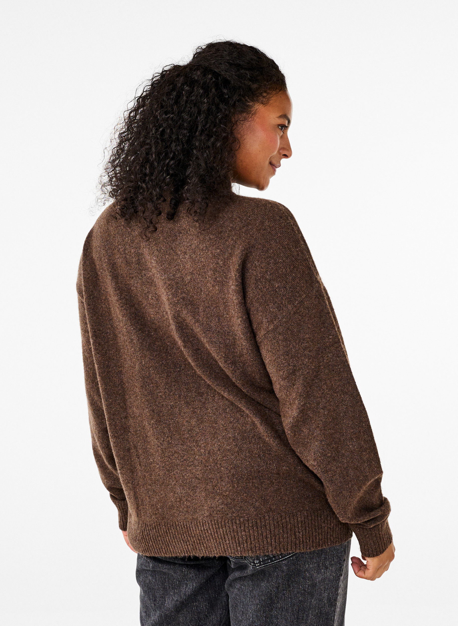 Zizzi Gestrickte Wollbluse mit hohem Kragen, Rain Drum Mel., Model image number 1