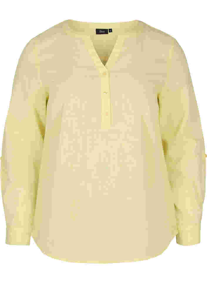Hemdbluse aus Baumwolle mit V-Ausschnitt, Yellow, Packshot image number 0