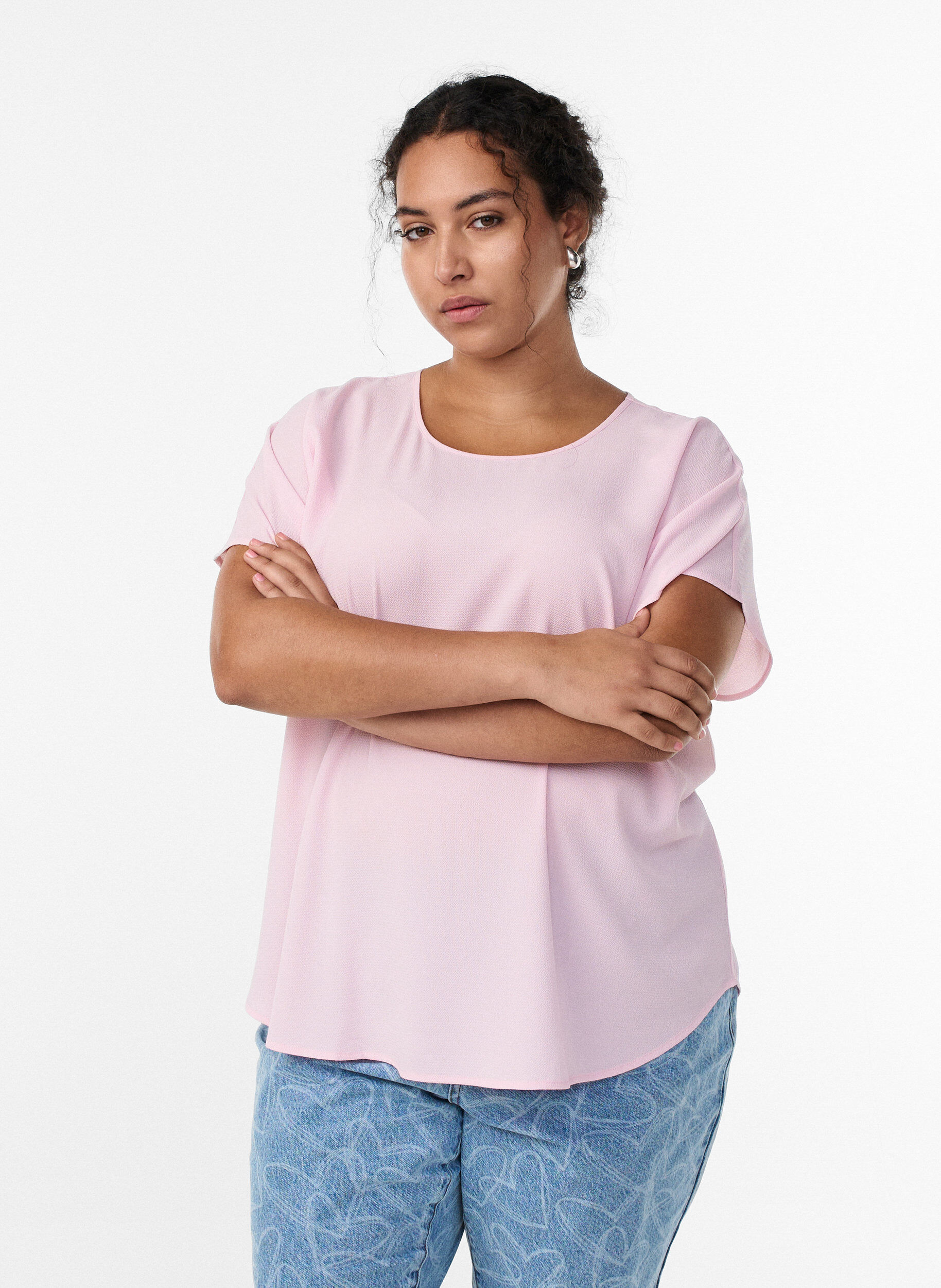 Bluse mit kurzen &Auml;rmeln und Rundhalsausschnitt, Pink, Model