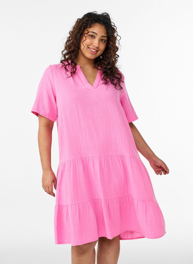 Kurzes A-Linien-Kleid aus Baumwollmusselin, Pink, Model image number 0