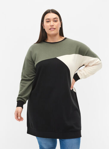 Langer Pullover mit Farbblock-Muster, Black Color Block, Model image number 0