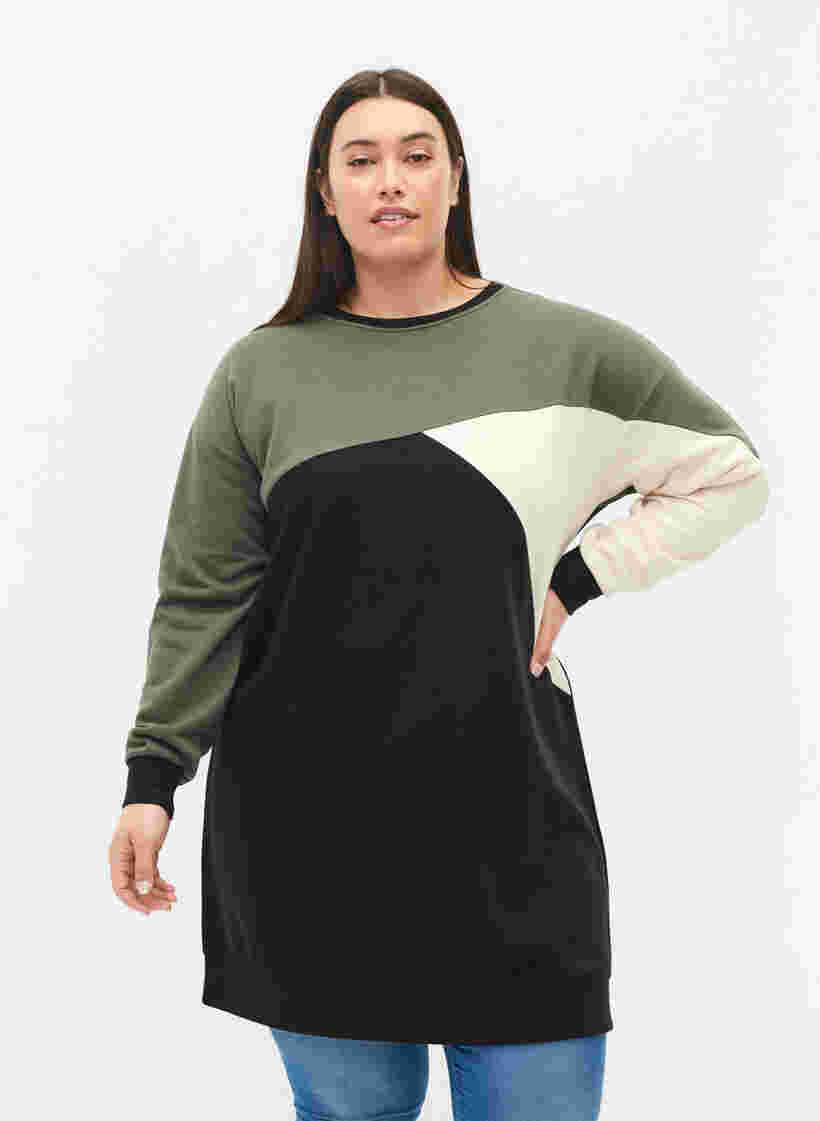 Langer Pullover mit Farbblock-Muster, Black Color Block, Model image number 0
