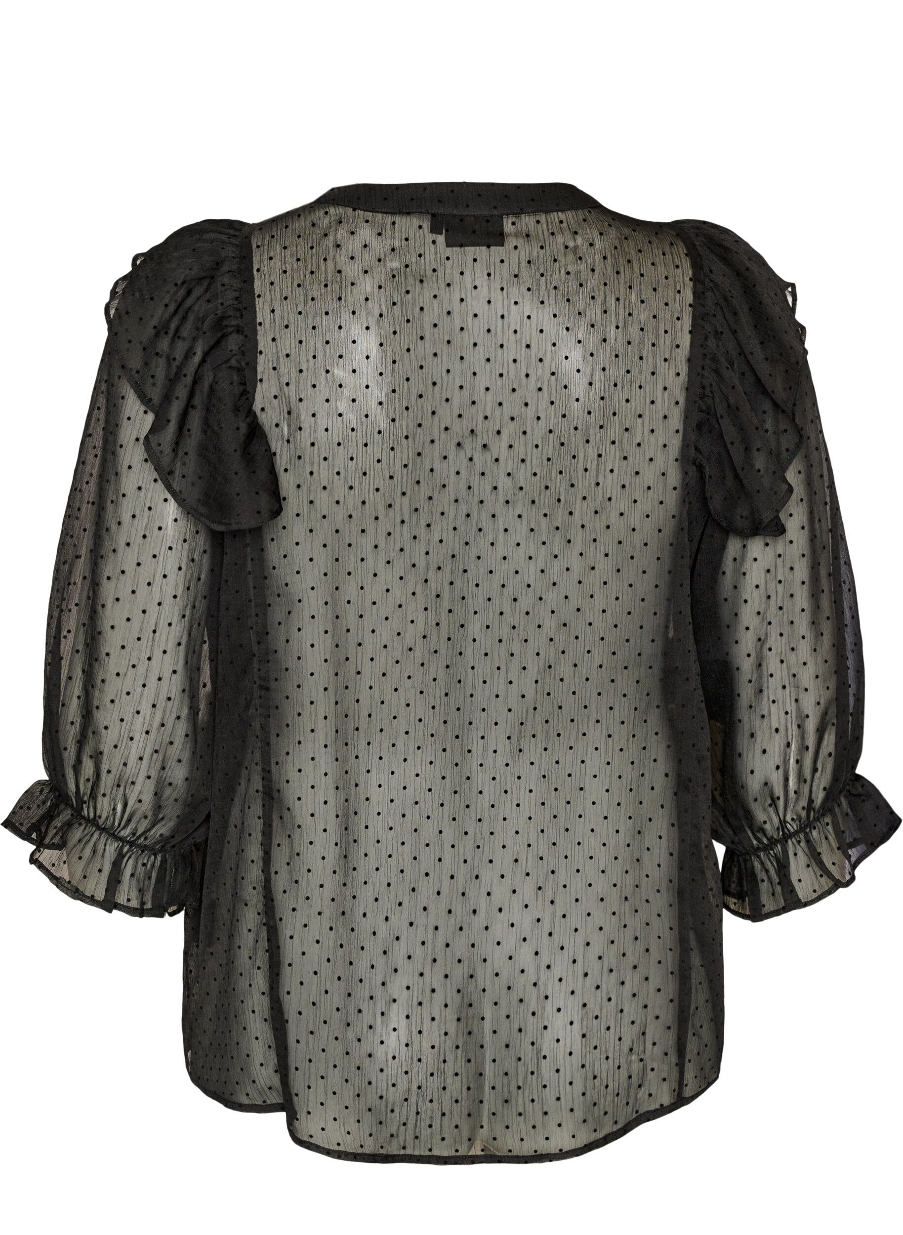 ZizziTransparente Hemdbluse mit Punkten und R&uuml;schendetails, Schwarz, Packshot image number 1