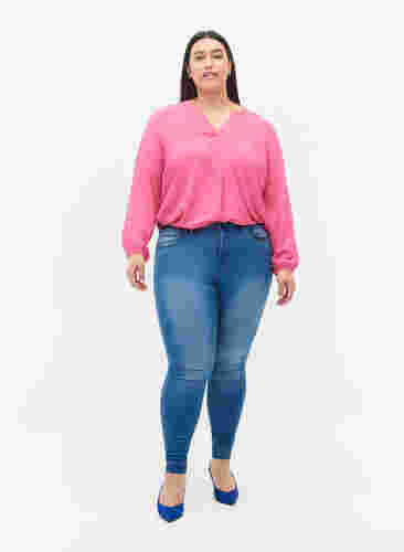Unifarbene Bluse mit V-Ausschnitt, Shocking Pink, Model image number 2