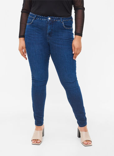 Super Slim Amy Jeans mit Nieten, Dark blue, Model image number 3