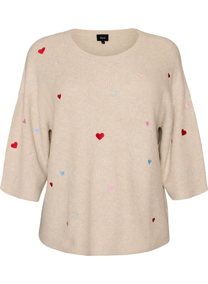 Strickbluse mit Herzen und 3/4-&Auml;rmeln, Beige, Packshot image number 0
