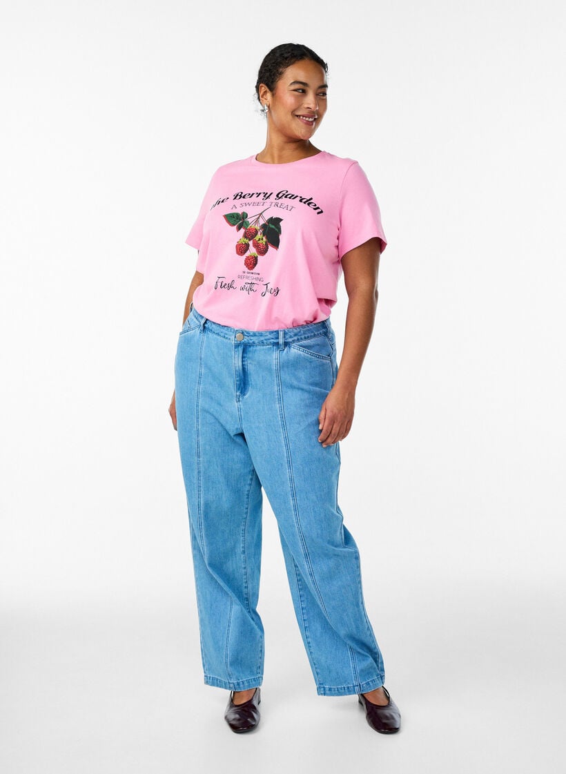 T-Shirt aus Baumwolle mit Fr&uuml;chte-Print und Text, Pink, Model image number 1