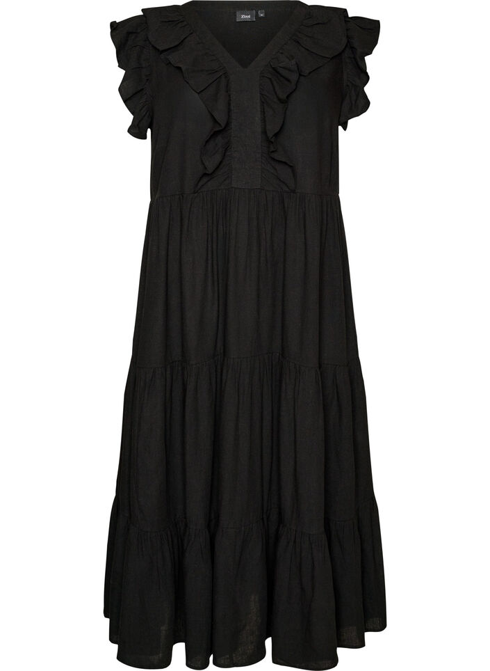 &Auml;rmelloses Midikleid aus Leinen und Viskose mit R&uuml;schen, Schwarz, Packshot image number 0