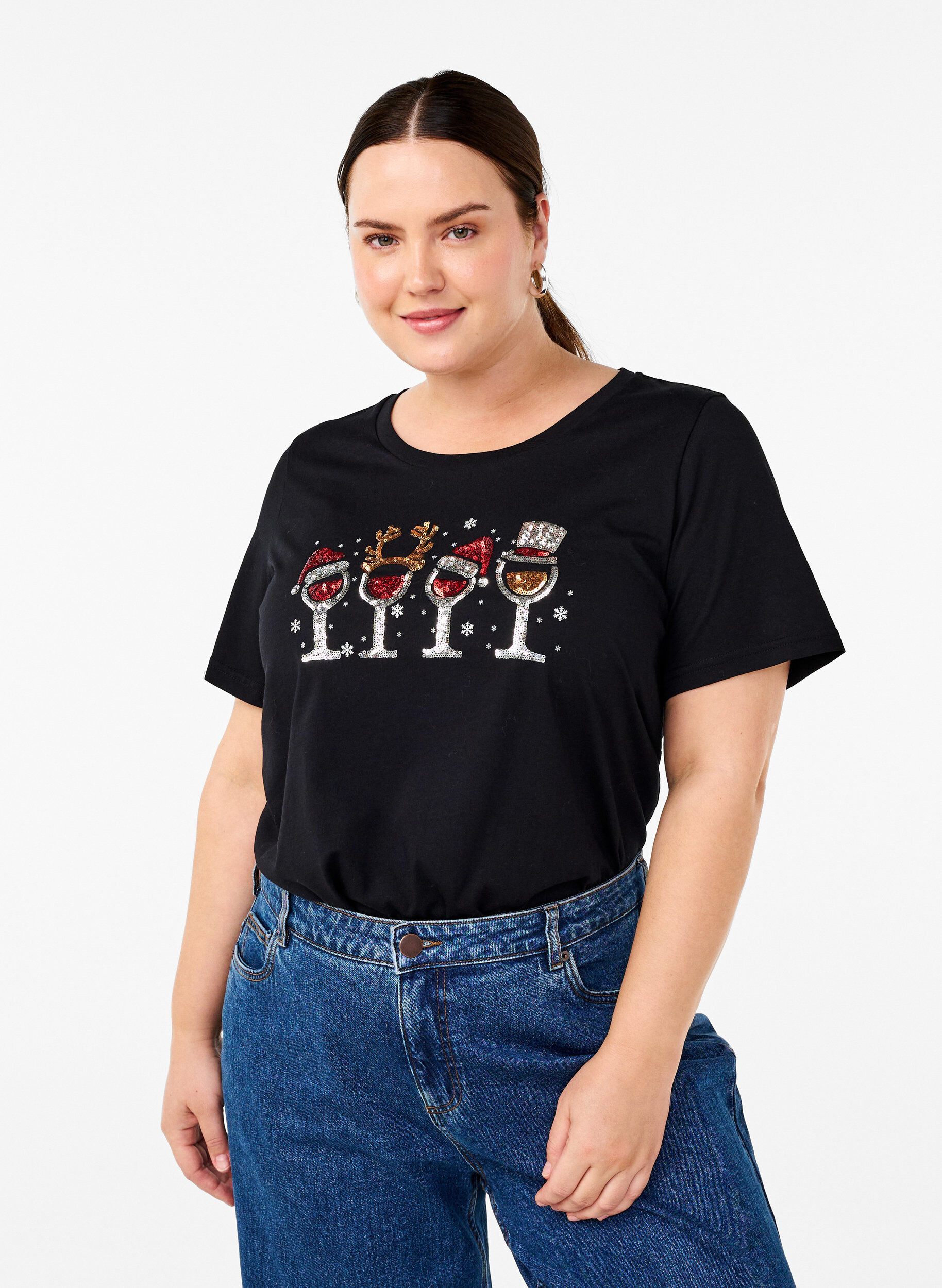 Zizzi Weihnachtliche T-Shirts aus 100% Baumwolle, Black w. Drinks, Model image number 0