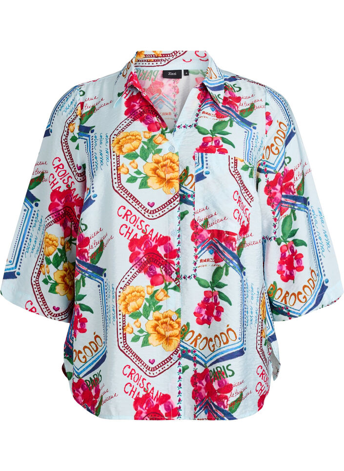 Hemdbluse mit 1/2 &Auml;rmeln und farbenfrohem Print, Blau, Packshot