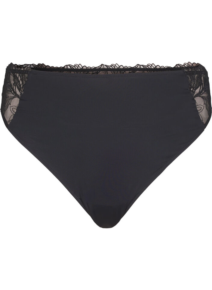 Stringtanga aus Mikrofaser mit Spitzensaum, Schwarz, Packshot image number 0
