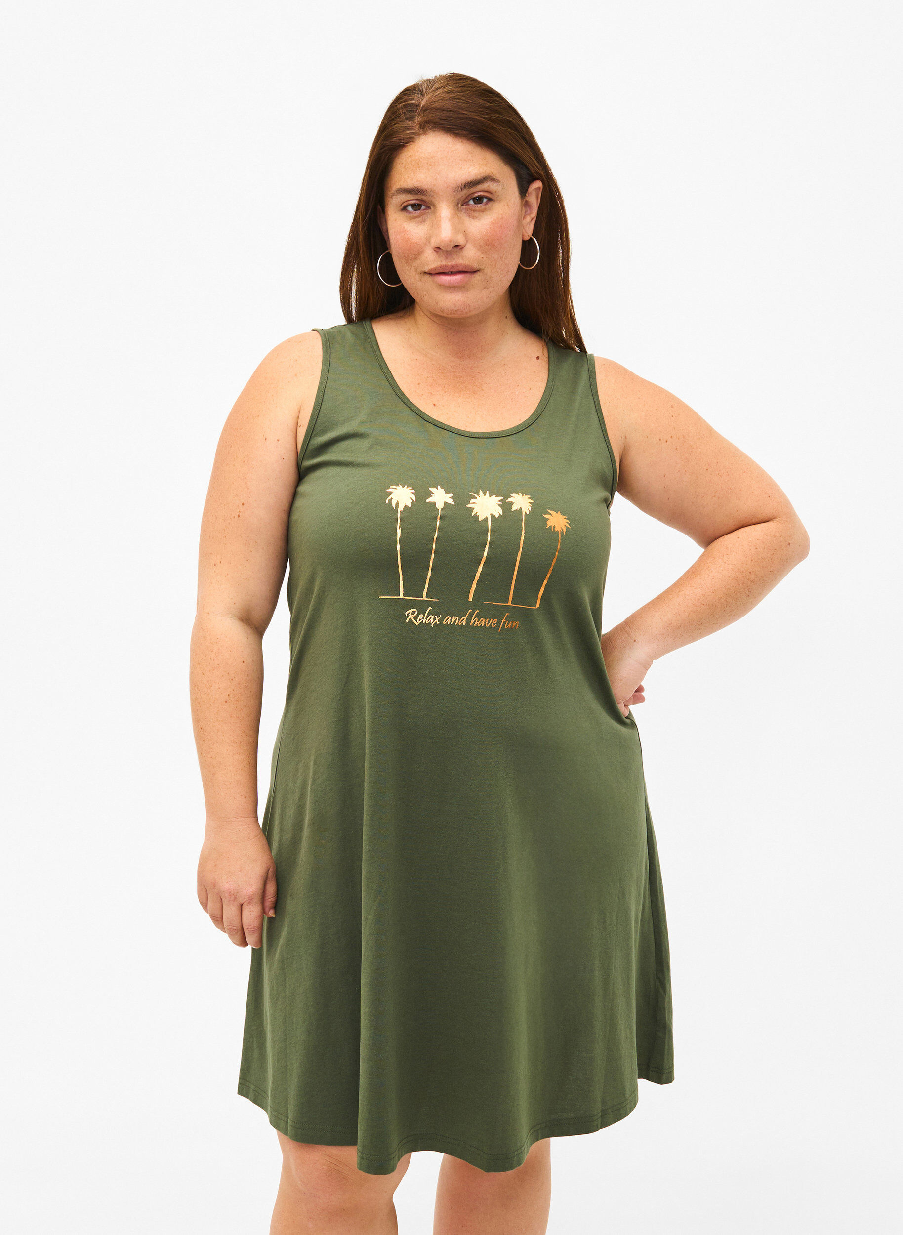 Zizzi &Auml;rmelloses Kleid aus Baumwolle mit A-Linie, Thyme W. Palm trees, Model image number 0