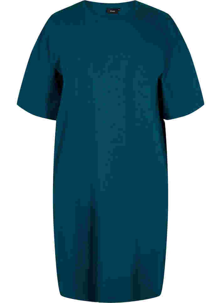 Kurzärmeliges Baumwollkleid mit Schlitzen, Deep Teal, Packshot image number 0