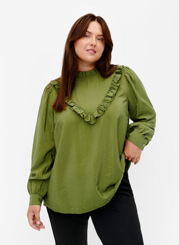 Viskose-Bluse mit Rüschen, Loden Green, Model image number 0