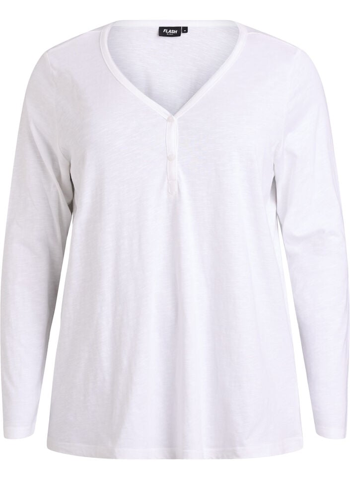 Langarmshirt mit V-Ausschnitt und Kn&ouml;pfen, Wei&szlig;, Packshot image number 0