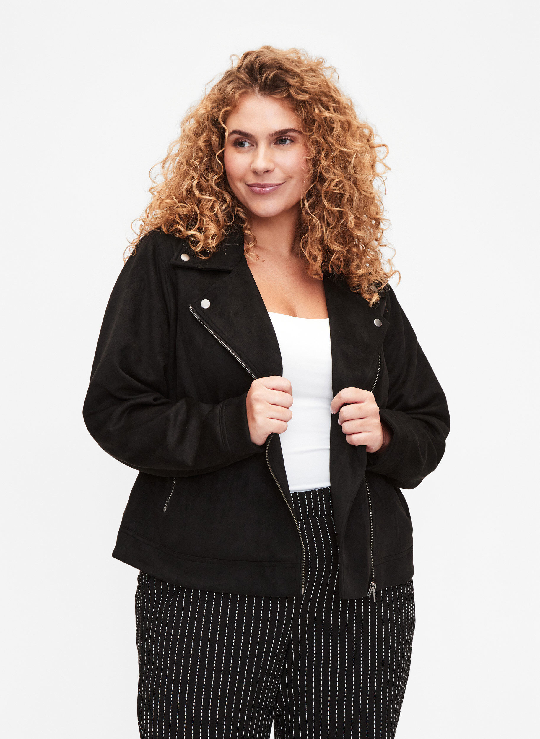 Zizzi Bikerjacke aus Wildlederimitat, Black, Model image number 0