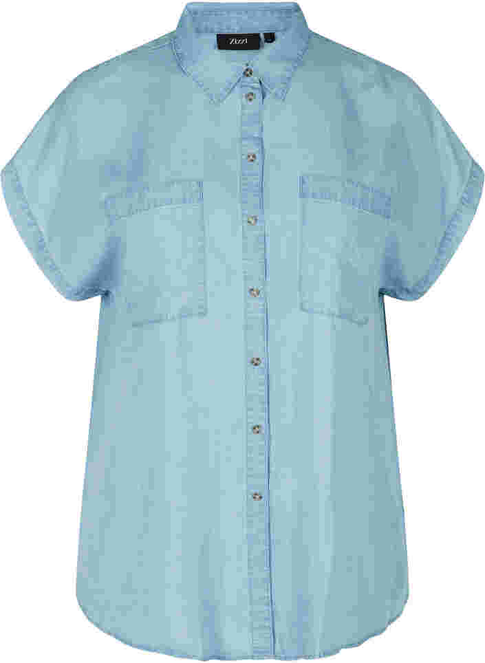 Hemdbluse mit kurzen Ärmeln und Brusttaschen, Light blue denim, Packshot image number 0