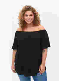Einfarbige Bluse aus Viskose mit kurzen Ärmeln, Black, Model
