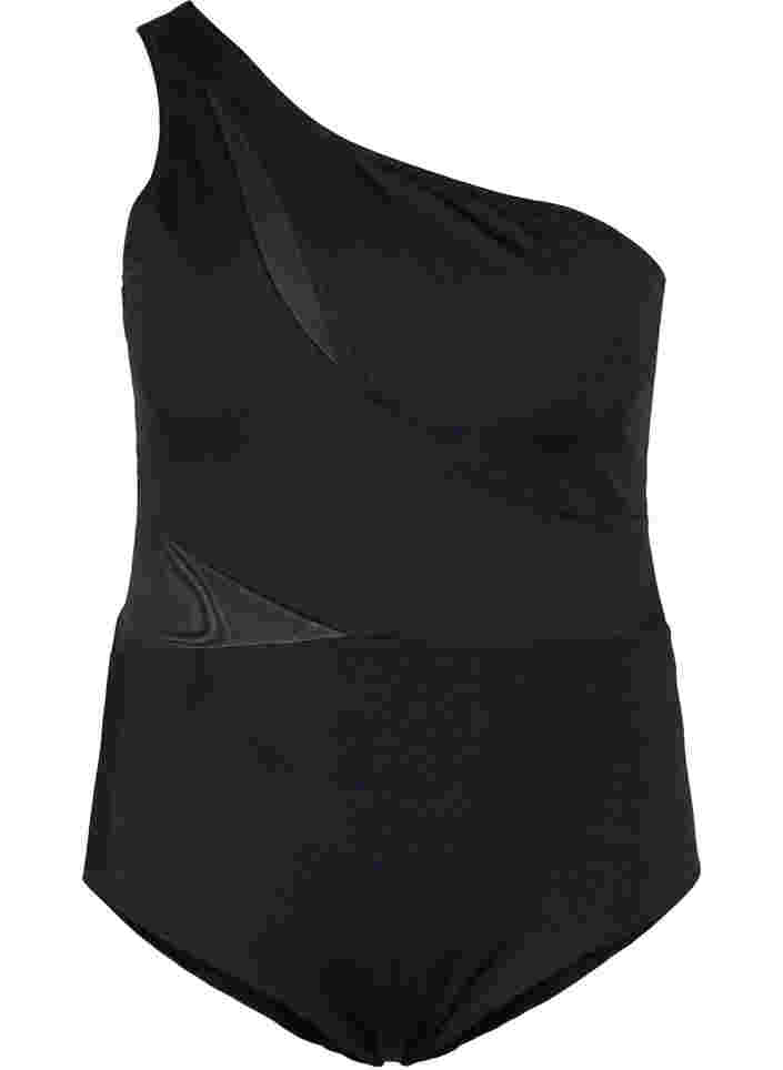 One-Shoulder-Badeanzug mit Mesh, Black, Packshot image number 0