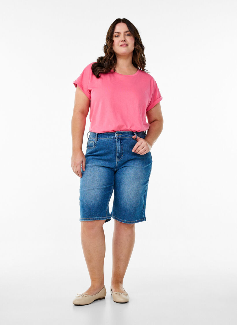 Kurz&auml;rmliges T-Shirt aus einer Baumwollmischung, Pink, Model image number 1