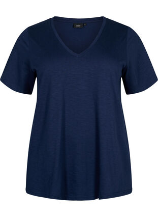 Kurzärmeliges Basic T-Shirt mit V-Ausschnitt, Navy Blazer, Packshot image number 0