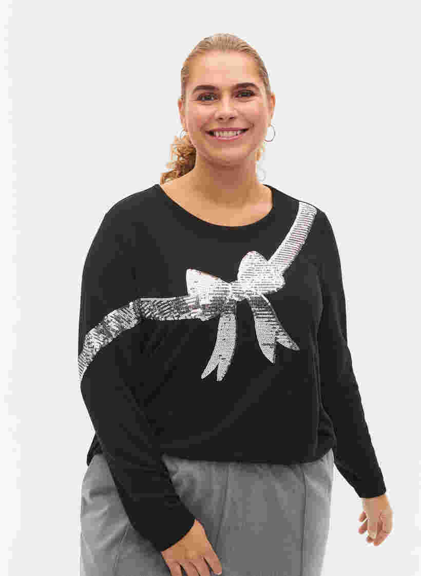 Weihnachtspullover mit Pailletten, Black Bow Silver, Model image number 0