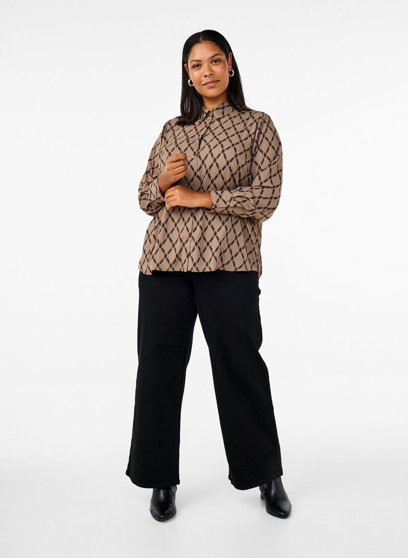 Gemusterte Bluse mit langen Ärmeln, Grafic AOP, Model image number 3