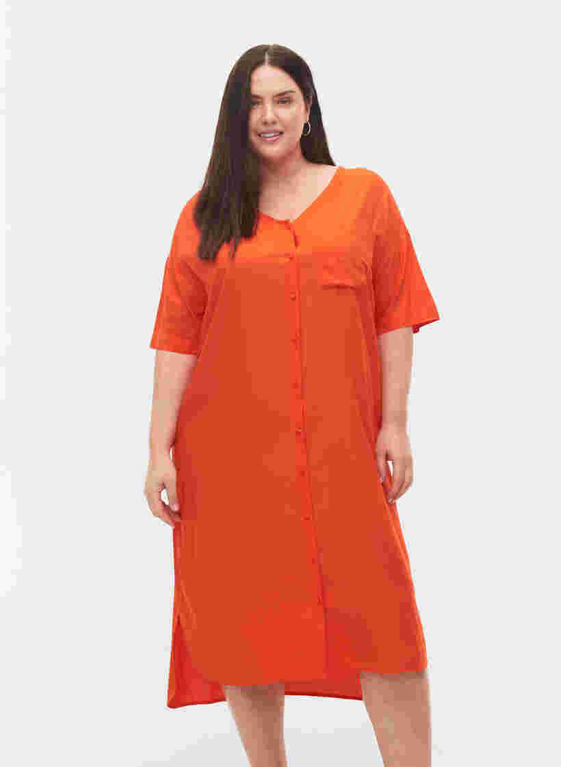 Kurzärmeliges Hemdkleid aus Viskose, Mandarin Red, Model