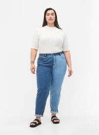 Two-Tone Mille Mom Fit Jeans, Lt. B. Comb, Model