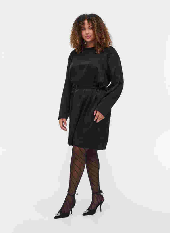 Langarm Kleid mit passendem Taillengürtel, Black, Model image number 2