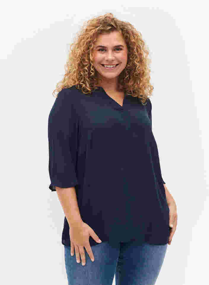 Bluse mit 3/4 Ärmeln und V-Ausschnitt, Navy Blazer, Model image number 0