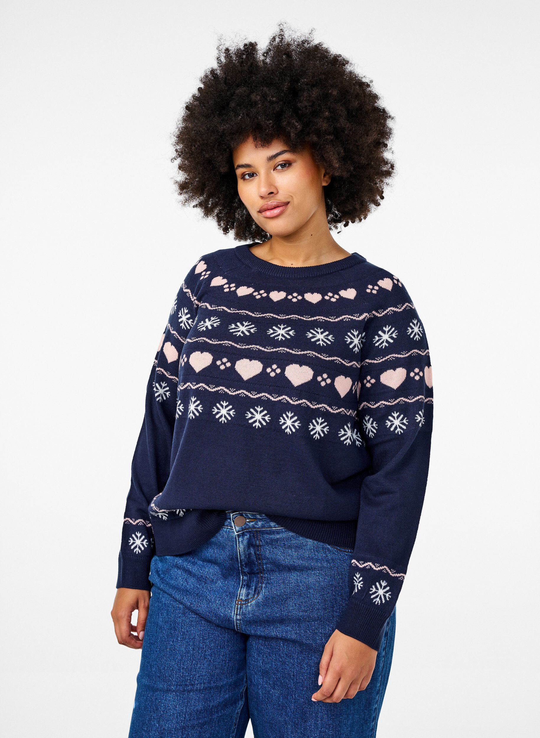 Zizzi Lang&auml;rmliges Stricktop mit Weihnachtsmotiv, Navy Blazer Comb, Model image number 0