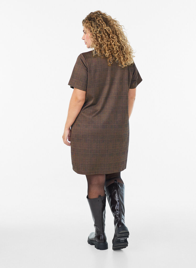 Kurzes kariertes Kleid mit Hemdkragen, Braun, Model image number 2