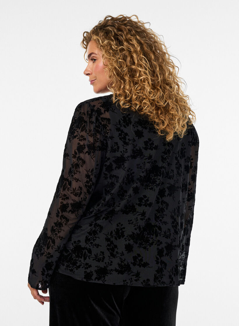 Meshbluse mit Blumenmuster und offener Front, Schwarz, Model image number 2