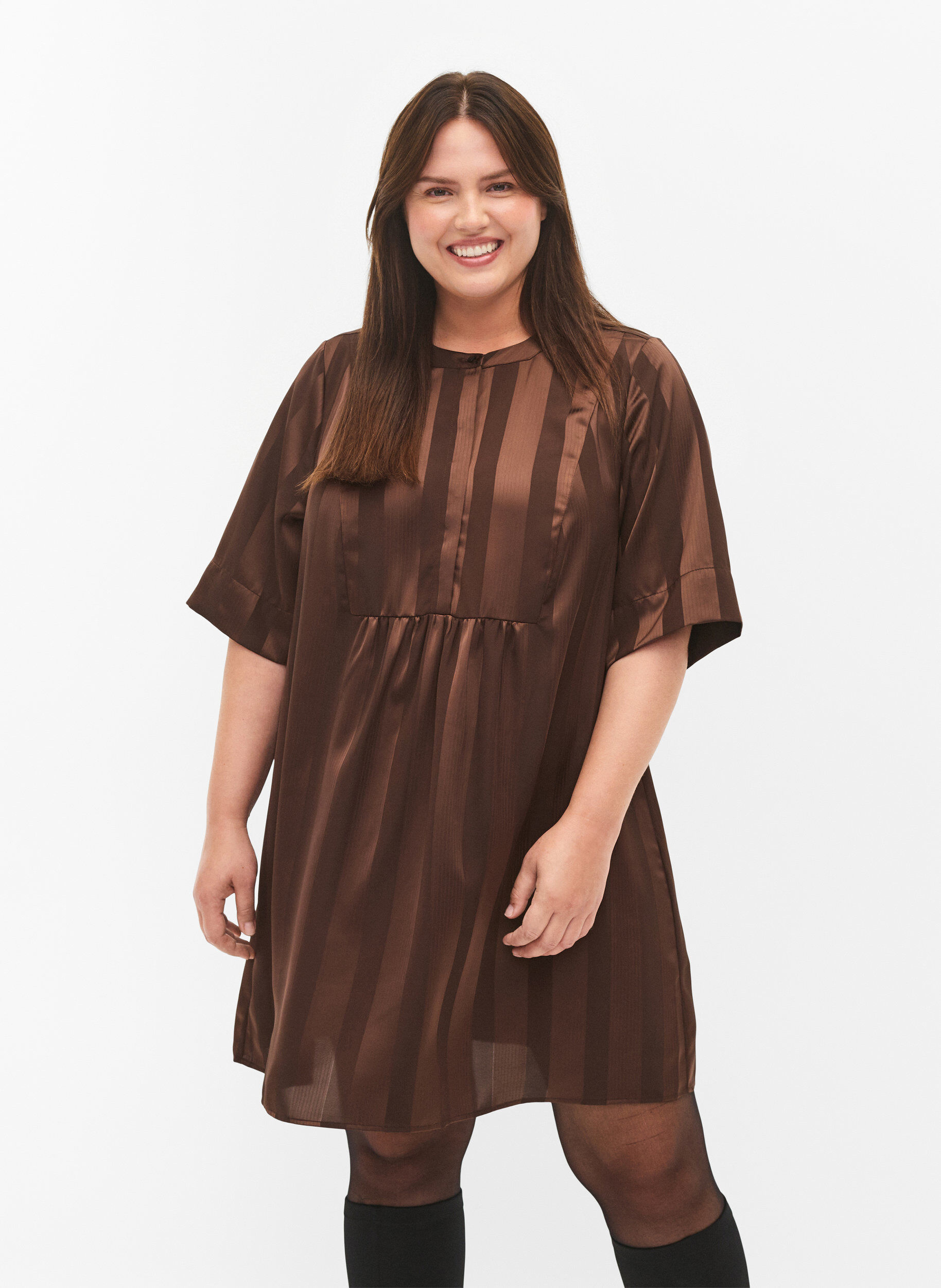 Zizzi A-Linien-Kleid mit Streifen und 1/2-&Auml;rmeln, Chestnut, Model image number 0