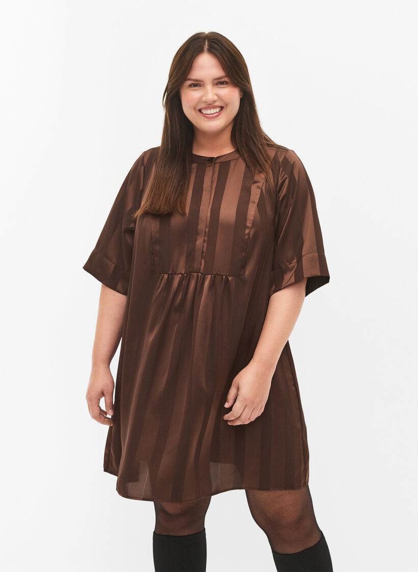 A-Linien-Kleid mit Streifen und 1/2-Ärmeln, Chestnut, Model image number 0