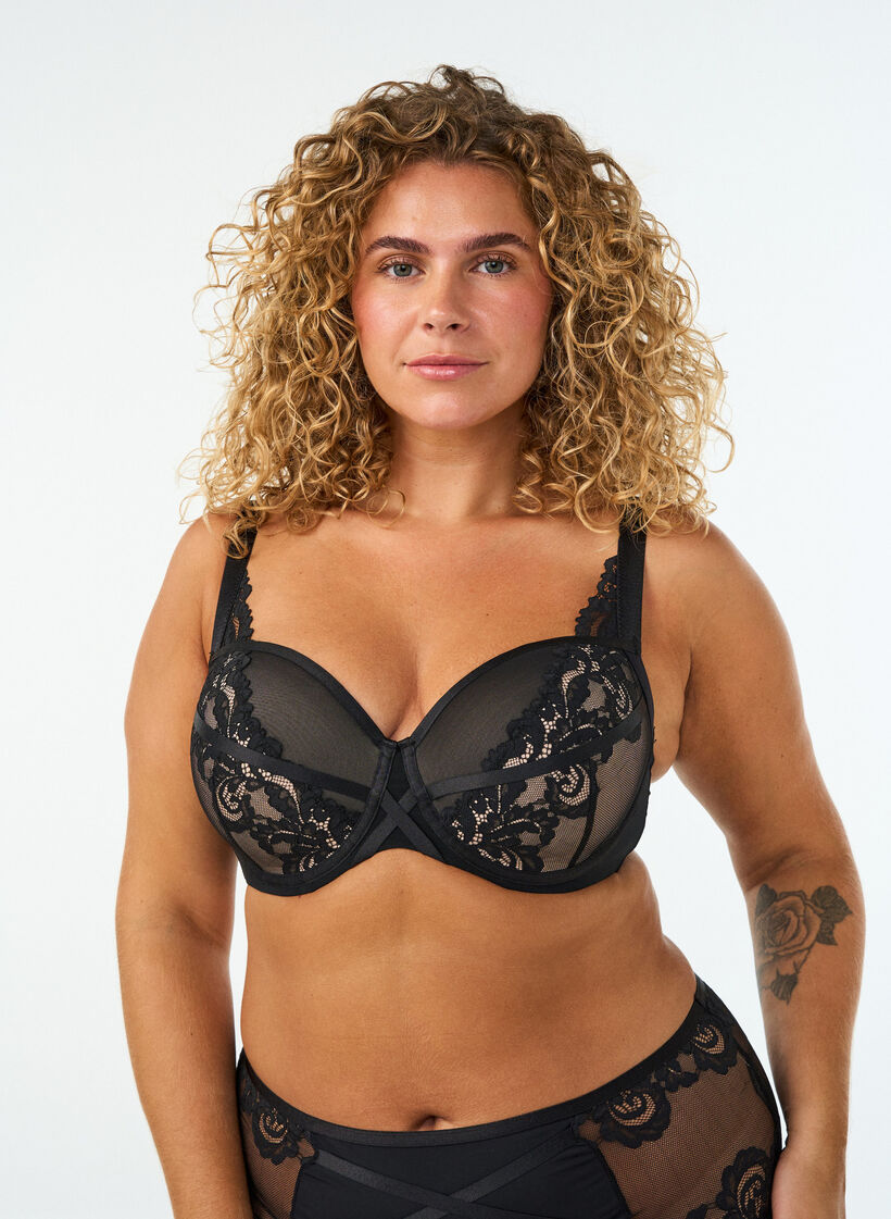 Vorgeformter B&uuml;gel-BH mit gebl&uuml;mter Spitze, Schwarz, Model image number 0