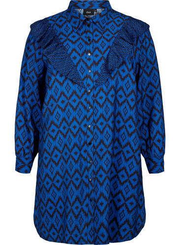 Langer Viskose-Shirt mit Druck und Rüschen, True blue w. Black, Packshot image number 0