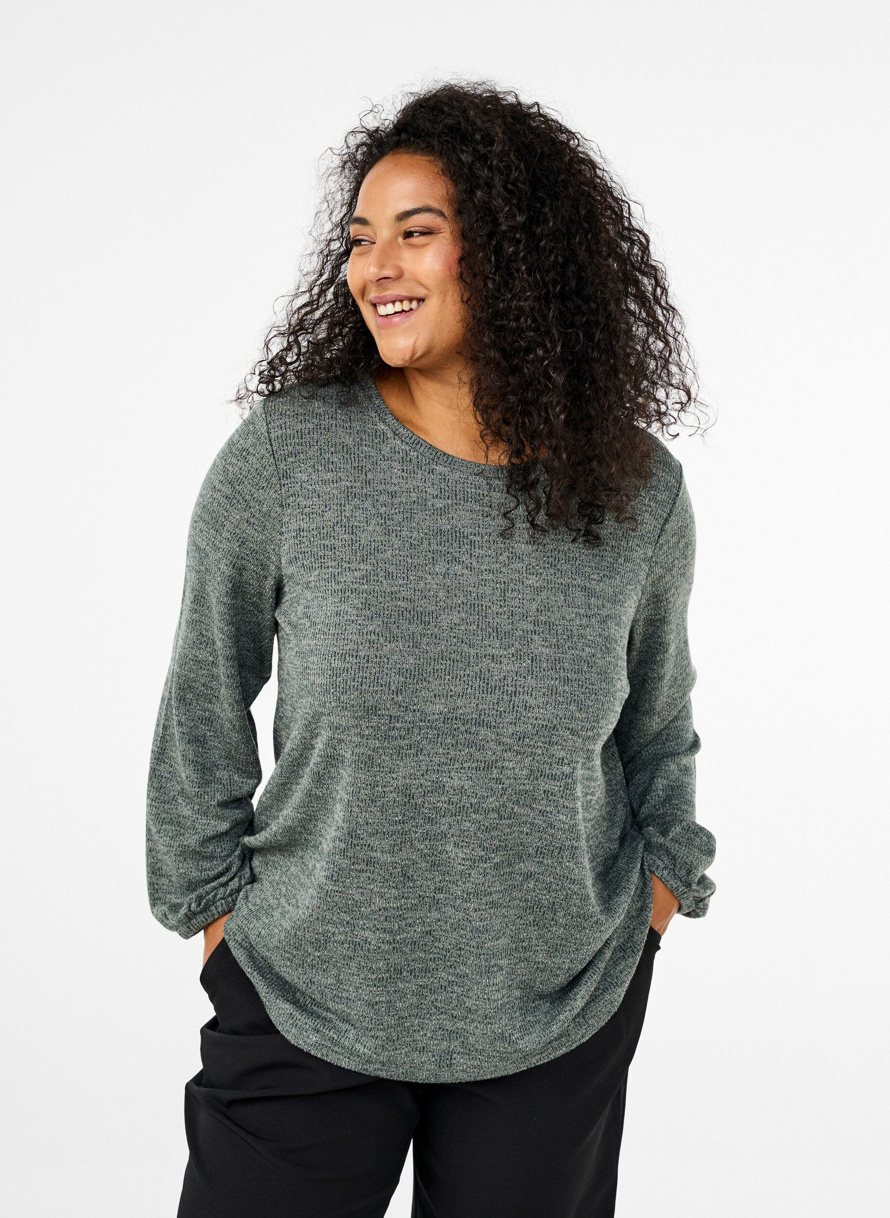 Zizzi FLASH - Bluse aus Jersey mit langen &Auml;rmeln, Gr&uuml;n, Model image number 0