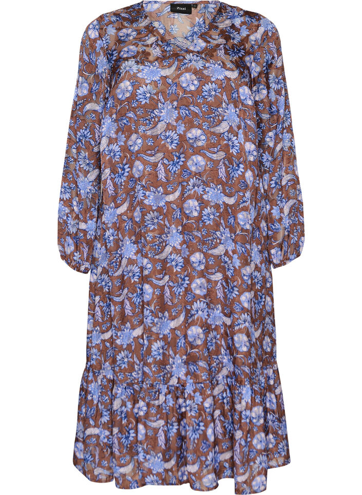 Gebl&uuml;mtes Midikleid mit R&uuml;schensaum, Braun, Packshot image number 0
