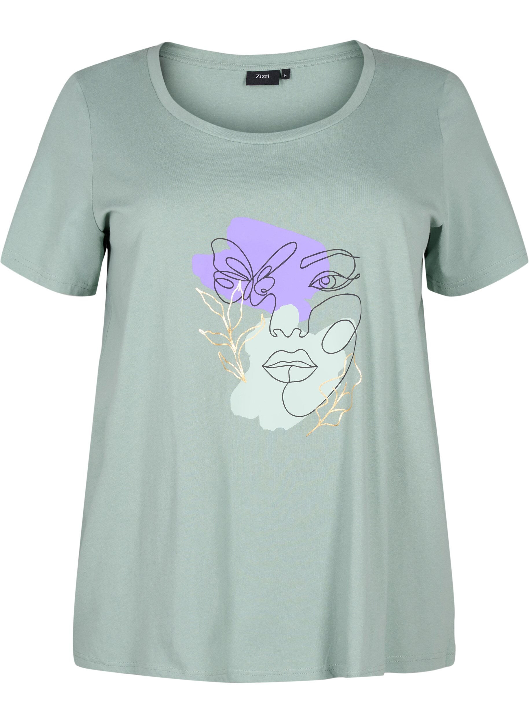 Zizzi Baumwoll-T-Shirt mit Motiv, Ch. Green w. Face, Packshot image number 0