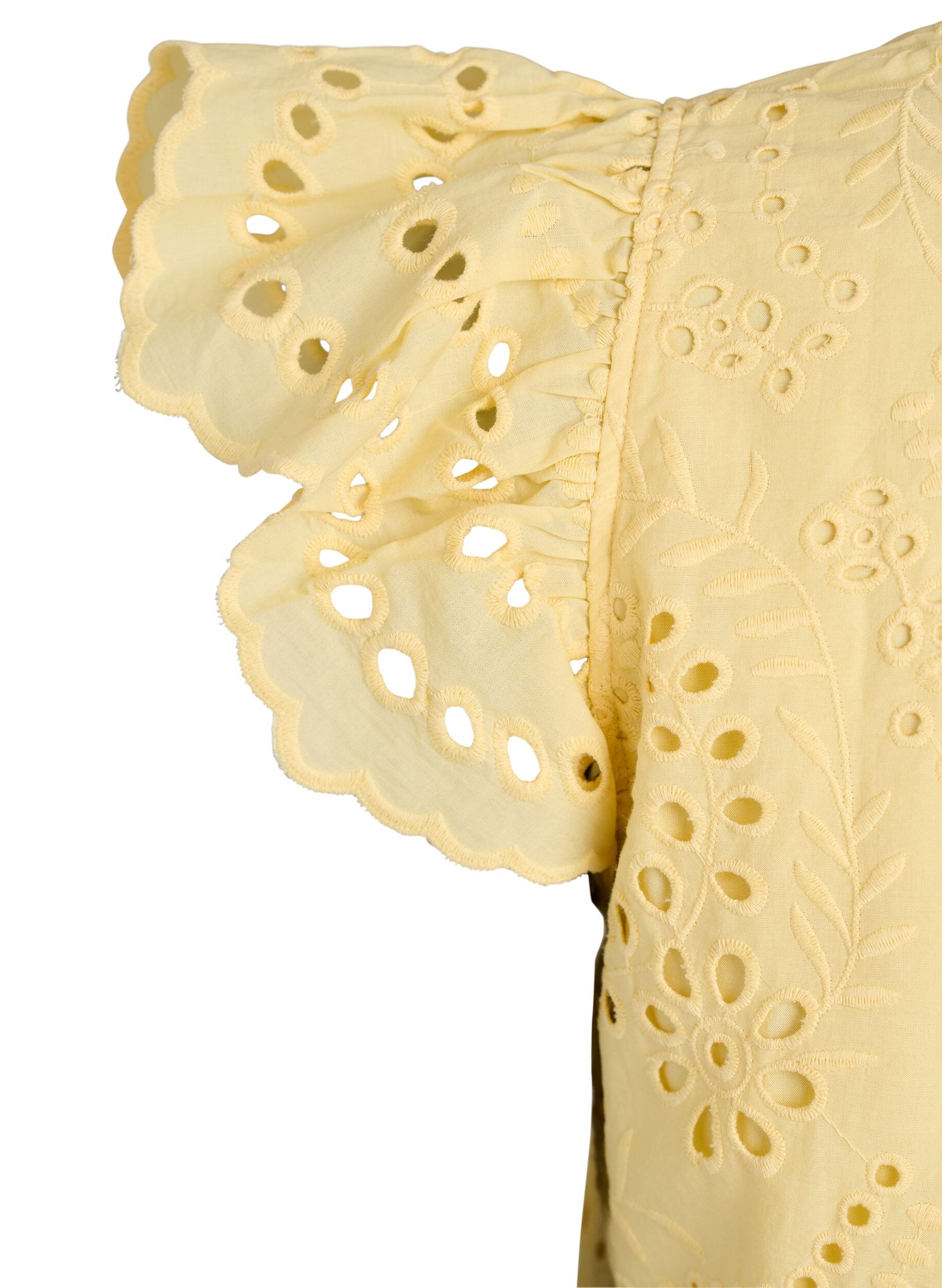 ZizziKleid aus Broderie Anglaise mit R&uuml;schen&auml;rmeln, Gelb, Packshot image number 3