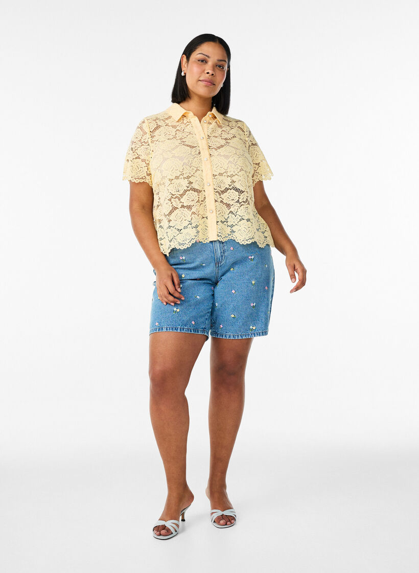 Spitzen blusenshirt mit perlenkn&ouml;pfen, Gelb, Model image number 1